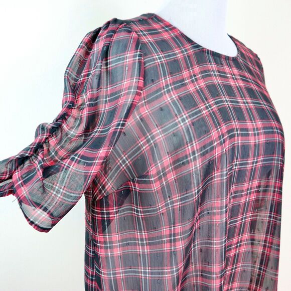 Torrid Size 0 / L Chiffon Lurex Ruched Sleeve Blouse Plaid Red Black - Picture 7 of 10